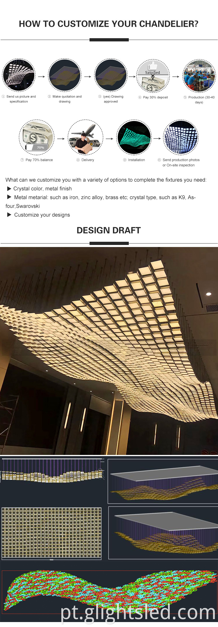 Lobby de lobby de design personalizado profissional lâmpada de cristal de aço inoxidável